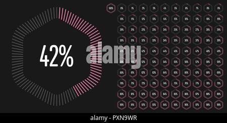 Ensemble de diagrammes pourcentage hexagonal de 0 à 100 prêt à utiliser pour le web design, l'interface utilisateur (UI) ou infographie - rose avec indicateur Illustration de Vecteur