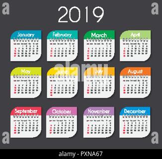 L'année 2019 couleur Modèle de calendrier. Vector Illustration Illustration de Vecteur