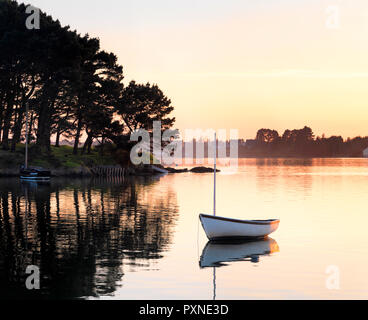 France, Bretagne, Morbihan, Belz, Etel, Saint Cado, rivière voile au coucher du soleil Banque D'Images