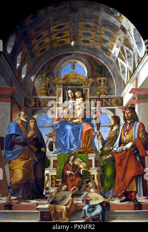 La Madone et lEnfant ont intronisé avec Saint André, saint Monica, Sainte-ursule et Saint Sigismond 1499 Bartolomeo Montagna (Cincani) 1450-1523 Italie, italien Banque D'Images