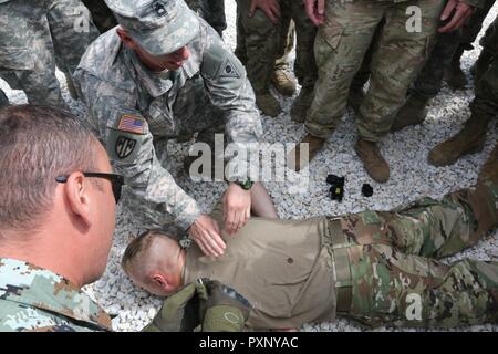 Le sergent de l'armée américaine 1ère classe Jason Crosser arme électrique extraits de barbules Le lieutenant de l'armée américaine Tumen Mathew le 15 juin, 2017 lors d'une formation sur les armes non létales sur base du Sud, la Serbie dans le cadre de l'exercice Wolf Platinum. Cet exercice est un exercice annuel de deux semaines, qui se concentre sur les opérations de maintien de la paix. Banque D'Images