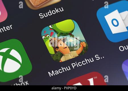 Londres, Royaume-Uni - 23 octobre 2018 : Gros plan sur Fraoula's popular app Machu Picchu Saga. Banque D'Images