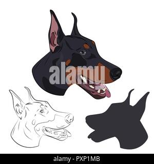 Dobermann face isolé sur fond blanc. Silhouette de tête de chien. Dobermann haletant avec la langue. Portrait de chien pour votre conception. Illustration de Vecteur