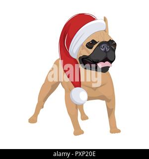 Bouledogue français avec chapeau de Noël isolé sur fond blanc. Chien de race pure haletant et wearing Santa hat. Illustration de Vecteur