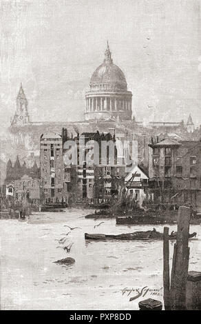 La Cathédrale St Paul, Londres, Angleterre, vu de la Tamise au 19e siècle. Photos de Londres, publié en 1890. Banque D'Images