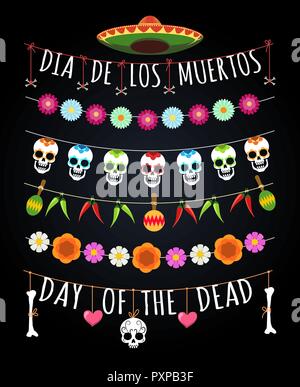 Dead day garlands. Novembre fête mexicaine deads frontières isolated on black, de la tribu des crânes, fleurs et les os Les design pattern lines, vector illustration Illustration de Vecteur