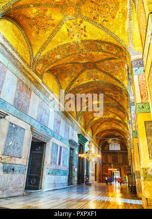 Les touristes visitant le narthex de la mosquée Sainte-Sophie, une salle voûtée intérieure de 9 baies. Istanbul, Turquie. Banque D'Images