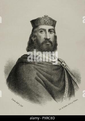 Ramón Berenguer IV de Barcelona, el Santo (1113/1114-1162). Conde de Barcelona, Madrid, Salamanca y Cerdeña y 'princeps' de Aragón. Dibujo por Berr. Litografía. Crónica general de España, Historia Ilustrada Descriptiva y de sus Provincias. Catalogne, 1866. Biblioteca Histórico Militar de Barcelone. Islas Baleares, España. Banque D'Images