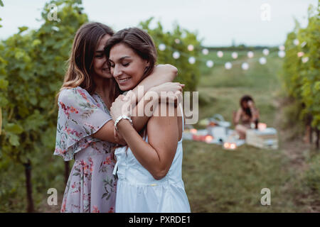 Twin Sisters embrassant à pique-nique estival dans un vignoble Banque D'Images