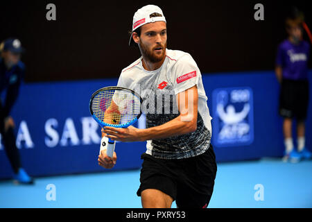 St Jakobshalle, Bâle, Suisse. 24 Oct, 2018. ATP World Tour, tennis intérieur suisse ; Joao Sousa (POR) en action contre Roberto Bautista Agut (ESP) au premier tour : Action Crédit Plus Sport/Alamy Live News Banque D'Images