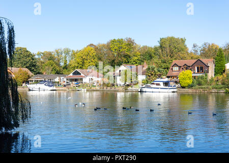 Maisons au bord de la banque sur la Tamise, Runnymede, Surrey, Angleterre, Royaume-Uni Banque D'Images