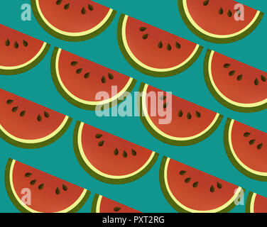 Le melon d'eau est illustré d'une manière intéressante avec des graines, des tranches isolées sur un fond coloré. Banque D'Images