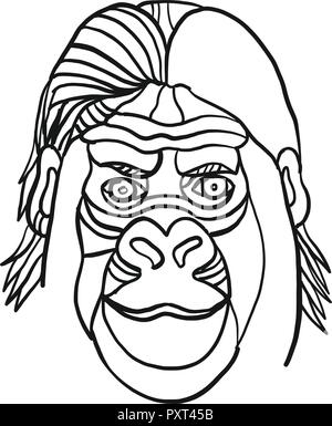 Illustration ligne mono de buste d'un gorille ou ape portant veste de smoking costume cravate et manteau vue de l'avant en noir et blanc de style de produit unique. Illustration de Vecteur