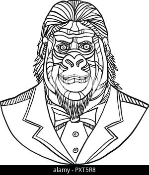 Illustration ligne mono de buste d'un gorille ou ape portant veste de smoking costume cravate et manteau vue de l'avant en noir et blanc de style de produit unique. Illustration de Vecteur