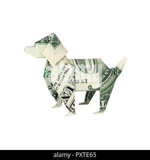 Argent CHIEN Origami plié avec du vrai One Dollar Bill isolé sur fond blanc Banque D'Images