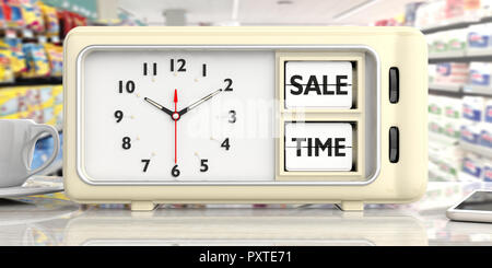 Texte de vente sur retro vintage réveil sur un bureau blanc contre l'arrière-plan flou shop. 3d illustration.
