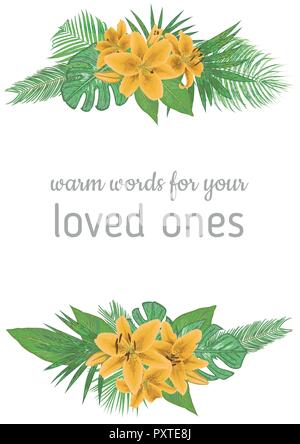 Vector bouquet floral design. Définir lis jaune des fleurs. Feuilles de palmiers tropicaux, monstera, palmiers kentia, diffenbachia, noix de coco. En vecteur de mariage Illustration de Vecteur
