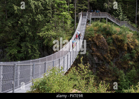 Pont suspendu de l'Elk Falls Parc provincial d'Elk Falls enjambe la rivière Campbell sur l'île de Vancouver en Colombie-Britannique, Canada. Banque D'Images