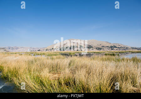 Paysage typique du Lac Titicaca, durant la saison estivale. Banque D'Images