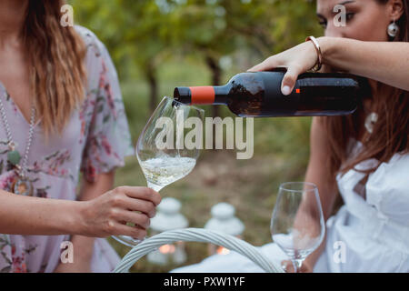 Woman pouring wine en verre sur un pique-nique dans la nature Banque D'Images