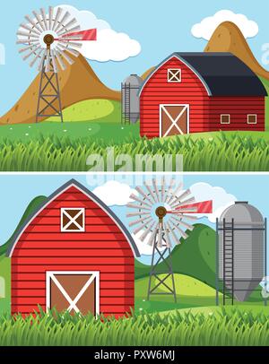 Deux scènes de ferme avec grange rouge illustration Illustration de Vecteur