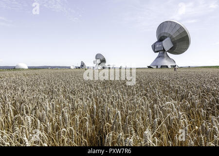 Menschen auf einem Kornkreis bestaunen Kornfeld bei Rasiting, Oberbayern, Bayern, Deutschland, l'Europe, les gens admirer un crop circle dans un fiel de maïs Banque D'Images