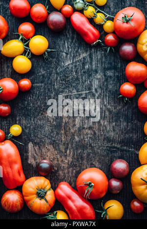 Différentes sortes de tomates sur fond woodden, copy space Banque D'Images