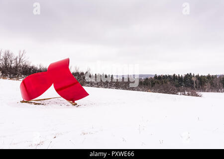 Whales Tail, une sculpture en aluminium rouge de Miriam Nelson, ponctue le paysage d'hiver au parc d'art Stone Quarry Hill. Banque D'Images