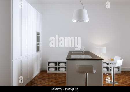 Cuisine intérieur blanc avec des meubles blancs et un sol en parquet de rendu 3D Banque D'Images