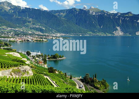 Chexbres, village viticole dans le canton suisse Vaud,Suisse. Belle vue sur le lac de Genève. Banque D'Images