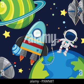 Vaisseau spatial et de l'astronaute flottant dans l'espace illustration Illustration de Vecteur