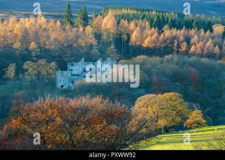 Voir l'automne de Barden Tower, historique des ruines anciennes par des forêts denses avec des arbres à feuillage coloré - Bolton Abbey Estate, Yorkshire, England, UK Banque D'Images