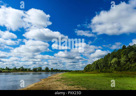 Rivière Paysage sur fond de vert des arbres et ciel bleu avec de beaux nuages blancs. Les loisirs de la nature. La pêche sur le lac. Pol biélorusse Banque D'Images