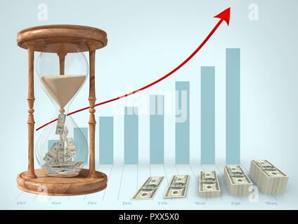 La composition numérique de la monnaie circulant dans le verre et heure pile de billets d'un dollar contre barre graphique en arrière-plan Banque D'Images