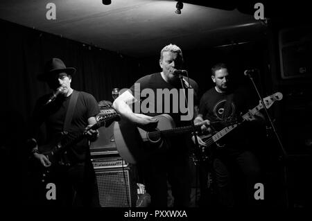 Dodgy live at the 2018 Festival de musique de Stoke Newington, trio est composé de Nigel Clark guitare chant, guitare chant Andy Miller, Stu Thoy basse, harpe, Vox Banque D'Images