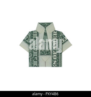 Origami argent SHIRT Plié avec du vrai One Dollar Bill isolé sur fond blanc Banque D'Images