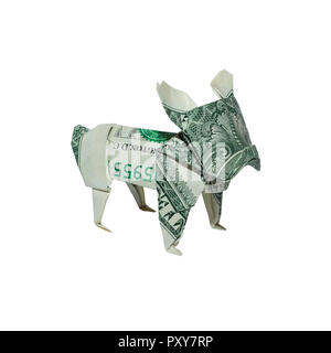 Origami argent bouledogue français plié avec du vrai One Dollar Bill isolé sur fond blanc Banque D'Images