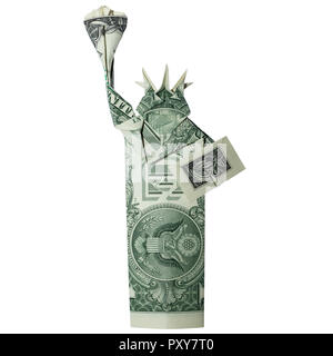 Argent statue de la liberté d'Origami plié avec du vrai One Dollar Bill isolé sur fond blanc Banque D'Images