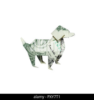 Argent CHIEN Origami côté droit plié avec du vrai One Dollar Bill isolé sur fond blanc Banque D'Images