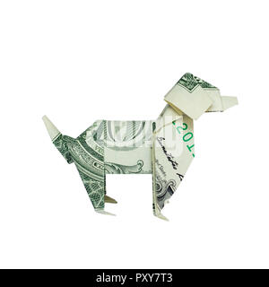 Origami argent chien côté droit de profil plié avec du vrai One Dollar Bill isolé sur fond blanc Banque D'Images