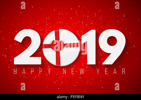 Bonne année 2019. Couvercle de fête pour votre projet. Boîte ronde à cadeaux et ruban bow. La poussière de neige sur un fond rouge. Les numéros papier de Noël avec g Illustration de Vecteur