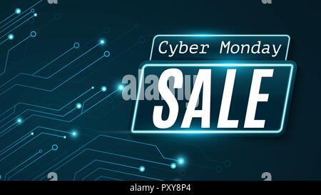 Cyber Monday. Super vente. Salut-technologie de circuit d'un bleu éclatant. Offre spéciale. Néon Web bannière. Design moderne. Vector illustration. EPS 10 Illustration de Vecteur