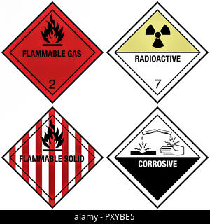 Gefahrenschilder Hochentzuendliche, Gase/Rradioaktiv Aetzend Stoffe,, Banque D'Images
