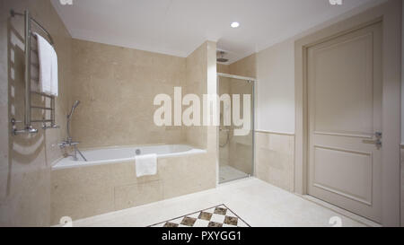 Belle salle de bains dans un style moderne avec des murs gris. Il y a une baignoire blanche avec une cloison en verre, douche, miroirs, la lumière d'un lavabo, wc et bidet, feux lumineux Banque D'Images