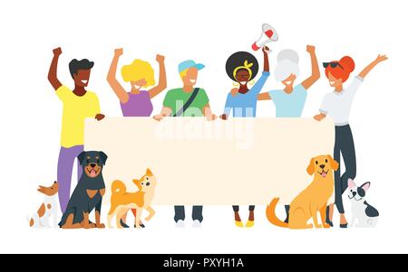 Vector illustration de personnes qui protestaient holding blank placard. Militant jeune homme et femme avec des chiens sur le défilé ou réunion politique article togethe Illustration de Vecteur