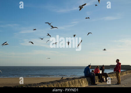 Porthcawl, dans le sud du Pays de Galles, Royaume-Uni. 24 octobre 2018. Météo France : Mouettes essaim autour d'un groupe de personnes essayant de manger près de la plage. Crédit : Andrew Bartlett/Alamy Live News Banque D'Images