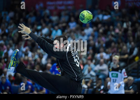 Essen, Allemagne. 24 Oct, 2018. 24 octobre 2018, l'Allemagne, Wetzlar : Handball : Championnat européen de qualification, Allemagne - Israël, 2e tour de qualification, Groupe 1, 1ème journée de l'Arène Rittal. Yahav gardien d'Israël Shamir ne peut empêcher un but. Credit : Silas Stein/dpa/Alamy Live News Banque D'Images