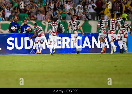 RJ - Rio de Janeiro - 24/10/2018 - Copa Sul-Americana 2018 - Fluminense x Nacional-URU -gum jogador do seu comemora Fluminense com ged jogadores do seu fois durante partida contra o Nacional (URU) no estadio Engenhao pelo campeonato Copa Sul-Americana 2018. Foto : Thiago Ribeiro/AGIF Banque D'Images