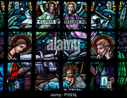 Sainte Famille, les animaux et les anges dans stable dans l'ancienne fenêtre verre peint dans l'église de San Sebastian, seul l'église d'acier en Asie, à Manille, Philippines Banque D'Images