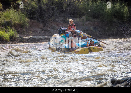 Les hommes et les femmes du rafting sur la rivière Verte se précipiter à Desolation Canyon, Utah, USA Banque D'Images